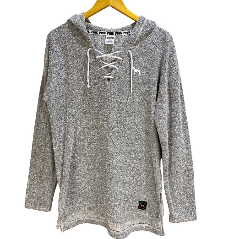 PINK Victoria's Secret Medium Lace-Up Hoodie Gray Longline Logo ‎ Knit Cozy